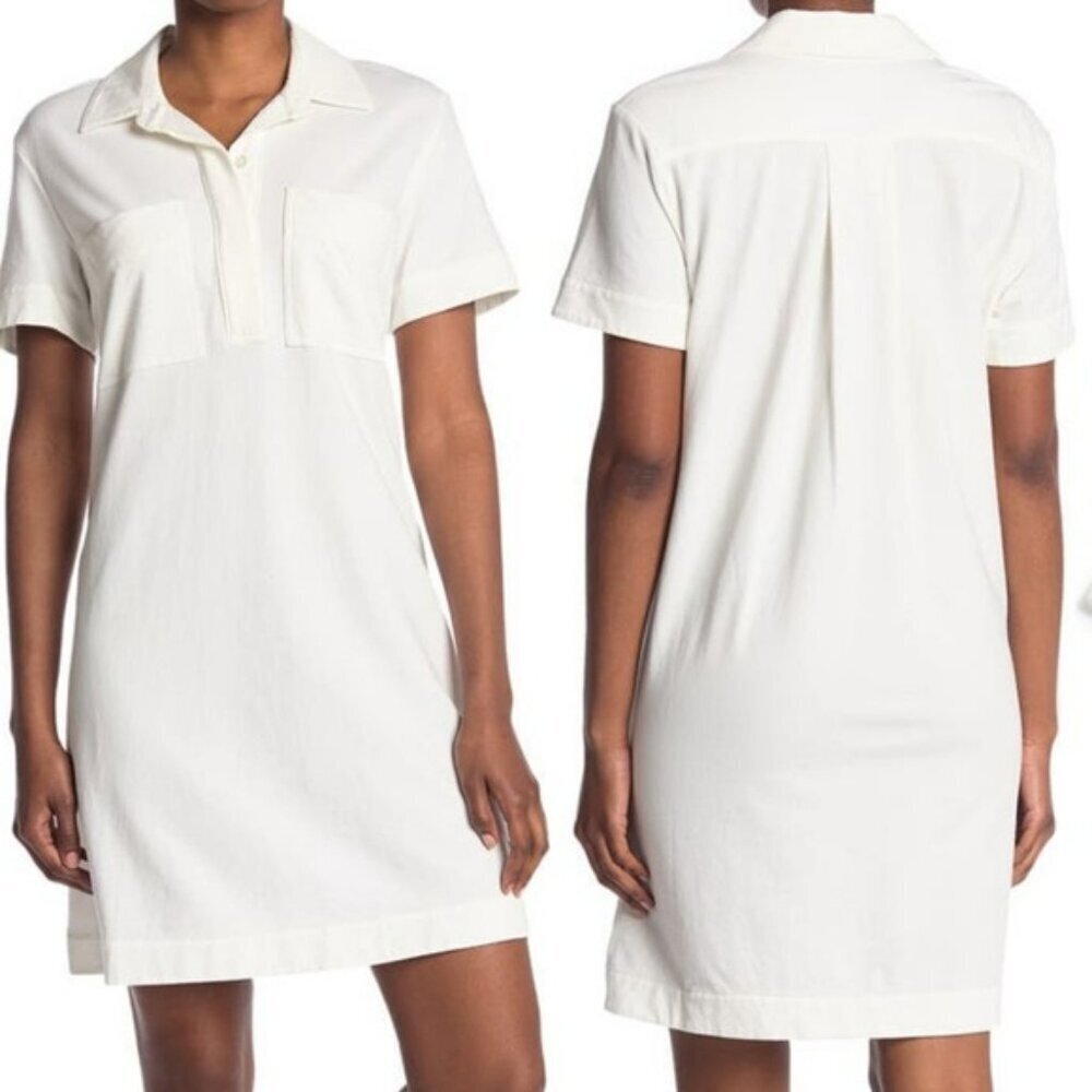 James Perse Fresca White Cotton Knit Pocket Shirt Dress Polo Dress L Large